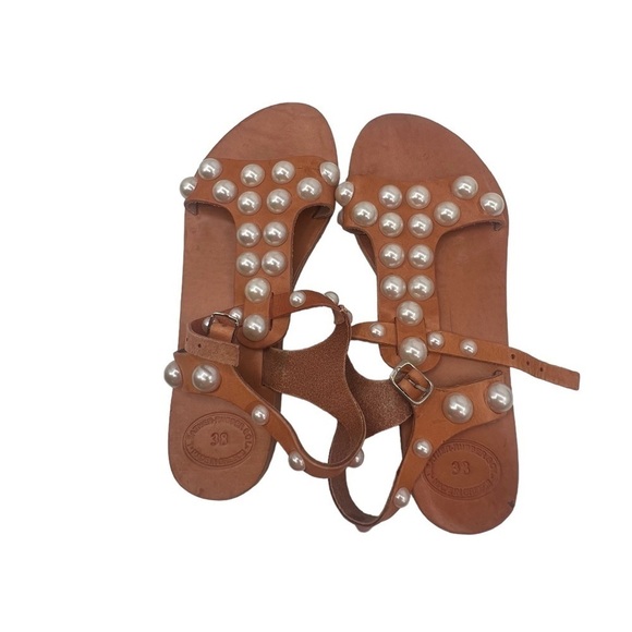 Faux Pearl Adjustable Strap Brown Adjustable Ankle Strap Sandals Size 38 Women's - Picture 5 of 9